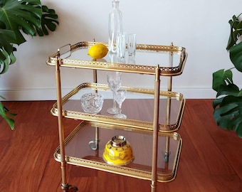 Mid-Century French Gilt Brass Three-Tiered Bar Cart on Wheels, highly appealing, decorative, functional,  chic bar cart setup, sidekick, MCM