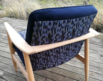 Vintage, navy blue, armchair, Mid century, 1960s, diamond pattern