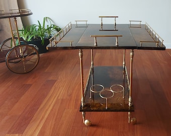 Aldo Tura Parchment Bar Cart, expendable,trolley, drop leaf, Mid Century, cocktail station, 1960s, low table,goatskin, brown goat leather,
