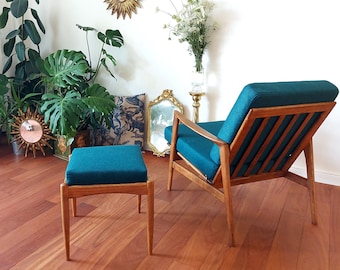 Teal lounge chair & matching ottoman, woven upholstery, Mid Century, Mid Mod, MCM, the sixties, genuine vintage, Mad Men design,