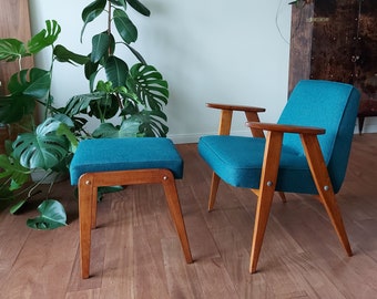 Chair and ottoman, teal set, Jazz up! Living room, Mid Century Modern, lounge, easy chair, footstool, angled footrest, tabouret,