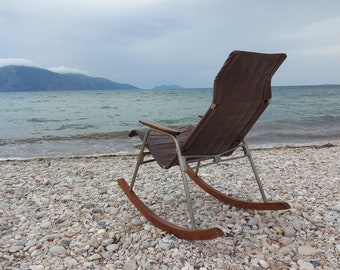 Foldable Takeshi Nii chair, 1950s,rocking chair, leather, glamping, camper, camper van, VAN LIFE, pop up, lounger,nomad,bivouac, caravanning