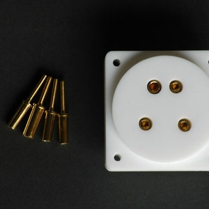 Puede incluir: Una toma de corriente blanca con cuatro terminales de color dorado. También se incluyen cuatro clavijas de metal dorado.