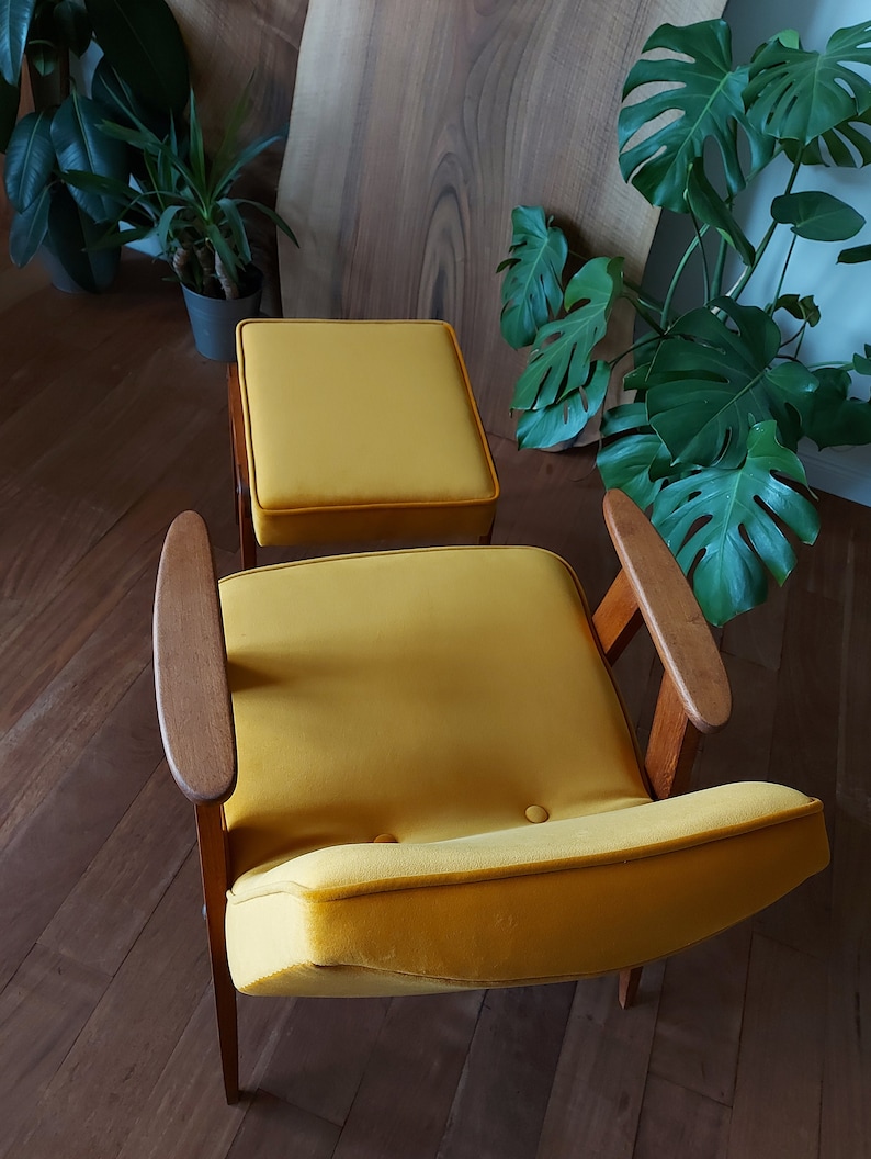 Yellow mustard lounge chair & ottoman, ochre, Jazz up Living room,Mid Century Modern, MCM, lounge, easy chair, footstool, angled footrest image 4