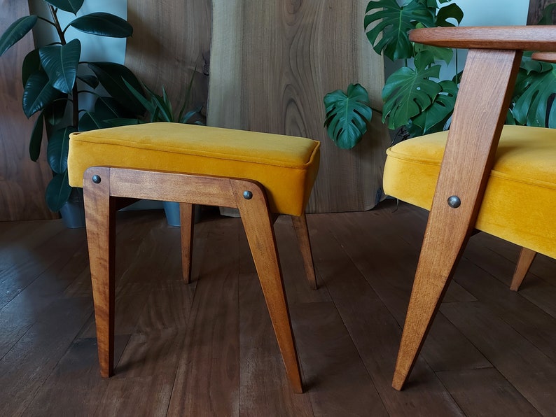 Yellow mustard lounge chair & ottoman, ochre, Jazz up Living room,Mid Century Modern, MCM, lounge, easy chair, footstool, angled footrest image 3