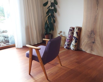 Mauve Stuhl, Mid-Century, Lounge, gelegentlich, Sessel, schlanke Form, geradlinig, violett, lila, 366 Stuhl, Design Time Capsule, Lavendel