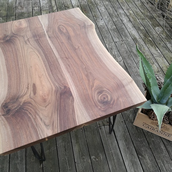 Walnut coffee table, hairpin legs, natural live edge, beautiful grain