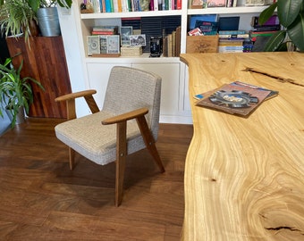 Ecru reading chair, linen, melange,Mid Century, tiny space, micro apartment, easy chair, thick woven, beige, coffee, café au lait, oatmeal,