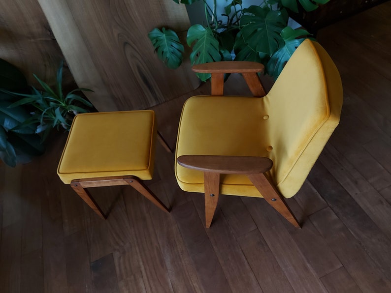 Yellow mustard lounge chair & ottoman, ochre, Jazz up Living room,Mid Century Modern, MCM, lounge, easy chair, footstool, angled footrest image 5