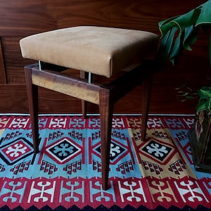 Mid-Century Modern Ottoman, Floating Suede Seat, leather, rosewood, Vintage Vanity Stool, Scandinavian Bench, sculptural footrest,