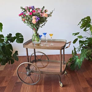 Art Deco Brass Bar Cart, Mid-Century Italian Serving Trolley, 1960s, large wheels, vintage, Cocktail Cart, walnut, brass, wooden tiers,retro