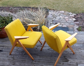 Paar 'Bunny'-stoelen uit het midden van de eeuw, gerestaureerd vintage Scandinavisch design, citroengeel fluweel, klein, ruimtevriendelijk, authentiek jaren 60, retro