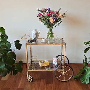 Faux bamboo trolley, Vintage Hollywood Regency brass and smoky glass, bar cart by Orsenigo, Italy 1970s, Fratelli Orsenigo,Italian design