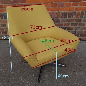 May include: A yellow swivel chair with a 73cm tall back, 46cm wide seat, and 40cm height. The chair has a 67cm wide seat and a 43cm deep seat.