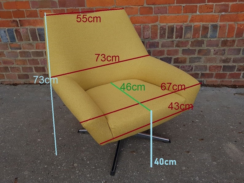 May include: A yellow swivel chair with a 73cm tall back, 46cm wide seat, and 40cm height. The chair has a 67cm wide seat and a 43cm deep seat.