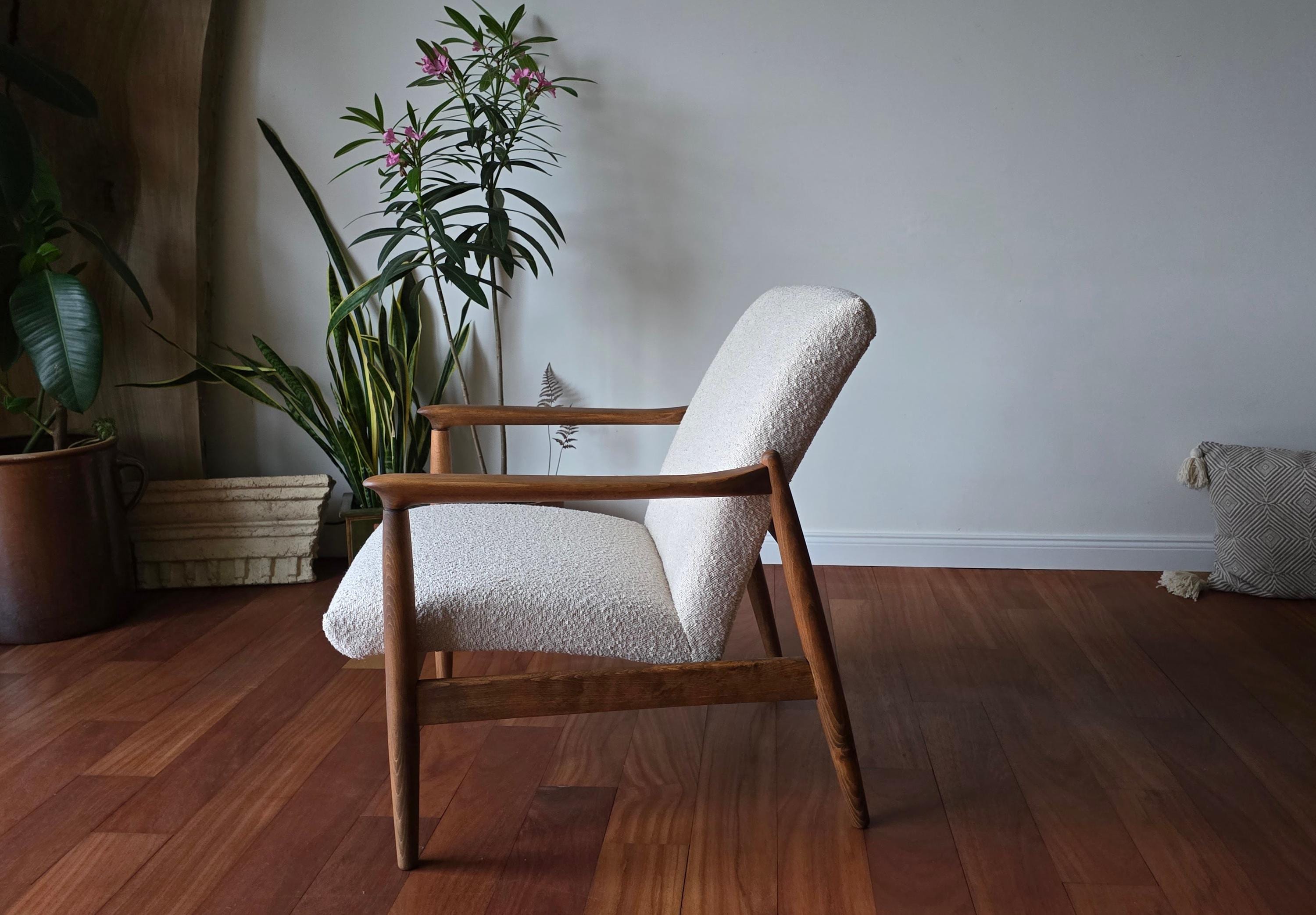 Vintage Bouclé Armchair, Mid-Century Modern Design, cream chair, off-white upholstery,Mad Men style furniture, retro icon