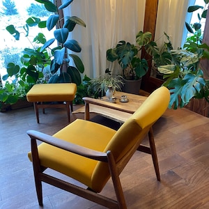 A lounge chair & matching ottoman, yellow set, Mad Man, Mid Century, vintage, velvet chair, modernist, golden yellow, mustard, velour, plush