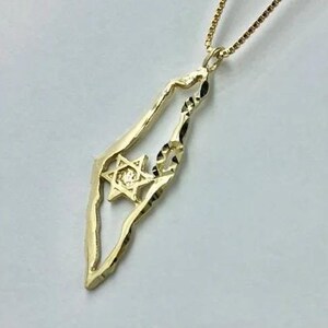 Ciondolo con mappa di Israele in oro 14 carati, collana con mappa di Israele e stella di David, regalo con stella ebraica, regalo per sionisti, stella di David in oro, gioielli ebraici