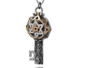 Key Charm, Star Of David Necklace, Jewish Jewelry, Key Symbol, Protection Amulet, Key Pendant, Magen David, Silver Gold Pendant, Judaica