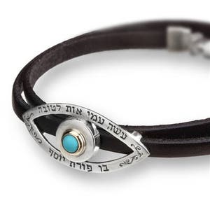 Evil Eye Bracelet, Men's Leather Bracelet, Protection Amulet, Kabbalah Bracelet, Good Luck Charm Bracelet, Jewish Jewelry, Hebrew Bracelet