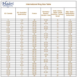 May include: A chart showing international ring size conversions for US, UK, Australia, South Africa, France, Germany, Russia, Ukraine, Asia, India, China, Japan, South America, Turkey, Israel, Italy, Spain, Netherlands, and Switzerland.