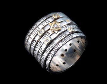 Woman Wedding Ring, Seven Blessings, Spinner Silver Ring, Kabbalah Ring, Wide Ring, David Star Jewelry, Jewish Blessing Ring, Diamonds Ring