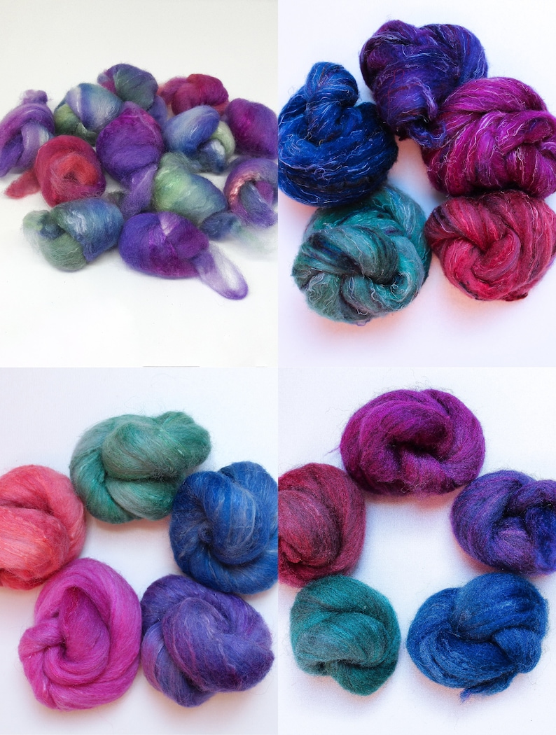 Spinning fiber nests with coordonated colors 4 blends Berlingot des Hy\u00e8nes 25 gr
