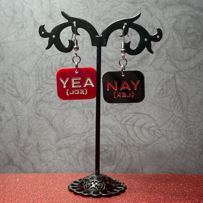 May include: A pair of earrings, one red and one black, each with a rectangular shape and the words "YEA" and "NAY" engraved. The earrings hang from a decorative black stand.