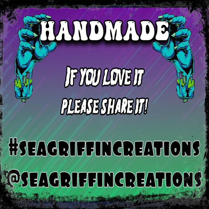 May include: A handmade graphic with a purple and green gradient background. The word "HANDMADE" is at the top, with zombie hands on each side. Text reads "IF YOU LOVE IT PLEASE SHARE IT!" and social media handles.