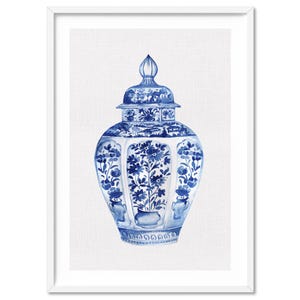 Póster de jarrón de jengibre chinoiserie en acuarela. Impresión artística de jarrón de porcelana azul y blanca. Decoración costera de los Hamptons. Impresión y adaptación / CSH-23