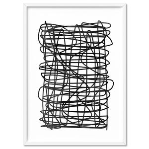 May include: Black and white abstract art print featuring a chaotic pattern of intersecting lines.
