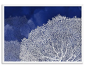 Hamptons Print. Coral Sea Fan Landscape in Blue Watercolour. Designed in Sydney. Coastal Inspired Interior Decor Poster | CSH-01