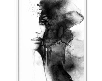 Boho Watercolour Lady Wall Art. Black & White Abstract Art Print. Modern Scandi Look. Minimalist Monochrome Wall Art Decor | HPS-36