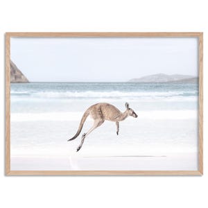 Kangaroo Art Print. Kangaroo Hopping on Beach Poster. Australian Animal Wall Decor. Soft Tone Seascape Photography Coastal Print| ANA-96 zdjęcie 4