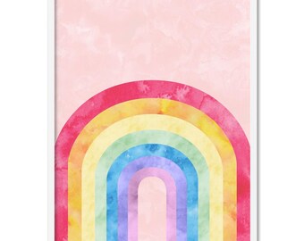 Rainbow Pastel Art Print. Watercolour Illustration Wall Art. Pink Background. Girls Bright Rainbow. Kids Room Decor. Boho Style | KDS-25