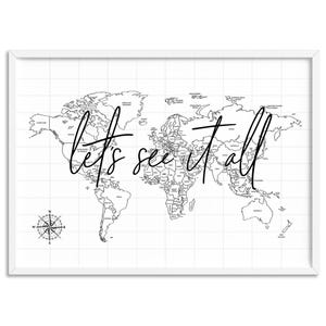 World Map Print. Scandi Simple Map Wall Art. Black and White. Simple Modern Home Decor. Let's See it All Poster. Print and Proper | MAP-36