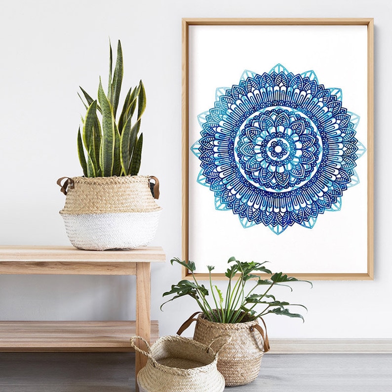 Framed or Unframed MAN-02 Boho Vibes Mandala Print Poster or Canvas Watercolour Style Art Blue Medallion Style Print and Proper