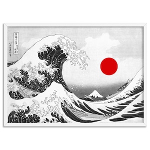 KATSUSHIKA HOKUSAI The Great Wave off Kanagawa, 1831. Japanese Wave in Black & White. Red Sun. Digitally Remastered Print FAR-13 image 1