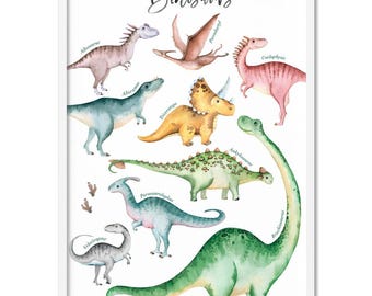 May include: A framed print featuring watercolor illustrations of various dinosaurs, including a Triceratops, Brachiosaurus, and Pterodactyl. The word "Dinosaurs" is written in cursive at the top. The dinosaurs are in shades of green, blue, yellow, and pink.