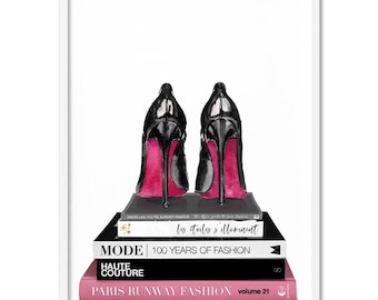 May include: A pair of black high-heeled shoes with red soles are stacked on top of a stack of fashion magazines. The magazines are titled "les toiles s'illomivent", "MODE 100 YEARS OF FASHION", "HAUTE COUTURE", and "PARIS RUNWAY FASHION volume 21".