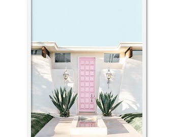 Palm Springs House with Pink Door Poster Print. Mid Century Modern Wall Art Print. Pastel Tones. Palm Springs California Wall Art | DTR-53