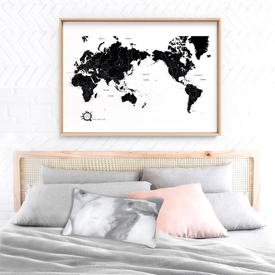 Map of the World Wall Art Print. Black and White Simple Etsy