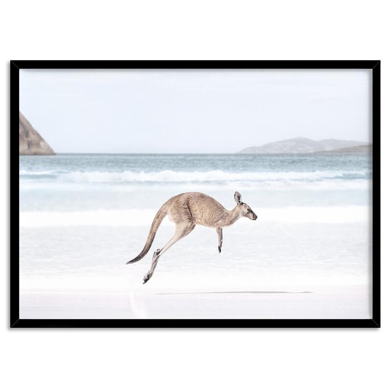 Kangaroo Art Print. Kangaroo Hopping on Beach Poster. Australian Animal Wall Decor. Soft Tone Seascape Photography Coastal Print| ANA-96 zdjęcie 5