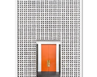Palm Springs The Parker Hotel Entrance Art Print Poster. Mid-Century Modern Brick Wall Pattern White. Retro Orange Doors Wall Art | DTR-85