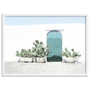 Desert Cactus Villa Coastal Poster. Pastel Mediterranean Doorway Art Print. Ostuni Puglia Italy. Teal Door & Prickly Pear Cactus | DTR-80
