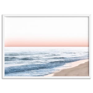 Blush Pastel Beach Wall Art. Beach Seascape Horizon Art Print. Soft Waves on Dusk Sky. Boho  Wall Art Decor. Poster or Canvas | BOC-28