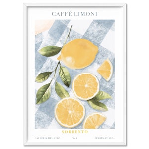 Lemons Art Print. Yellow lemons on Blue Checkered Tablecloth Poster. Lemon Slices Art. Ready to Hang or Poster. Great as a Set | FDK-01