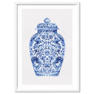 Lámina artística de un tarro de jengibre chinoiserie. Póster de un jarrón de acuarela azul y blanco. Decoración de pared de porcelana china. Decoración costera de los Hamptons / CSH-21