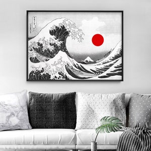 KATSUSHIKA HOKUSAI The Great Wave off Kanagawa, 1831. Japanese Wave in Black & White. Red Sun. Digitally Remastered Print FAR-13 image 2