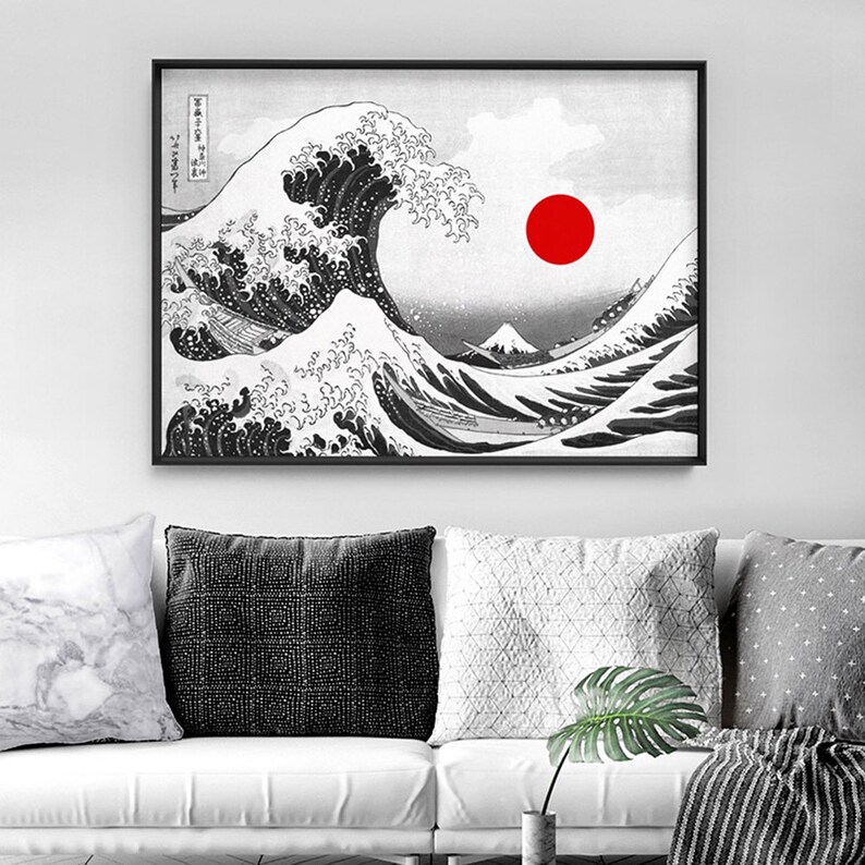 KATSUSHIKA HOKUSAI The Great Wave off Kanagawa, 1831. Japanese Wave in Black & White. Red Sun. Digitally Remastered Print FAR-13 image 2